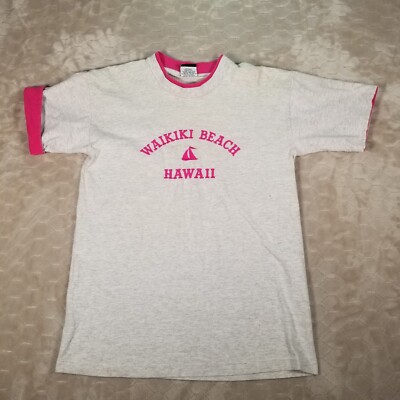 VTG Waikiki Beach Embroidered Double Color Shirt Gray Pink Sz Lg Signal Tag