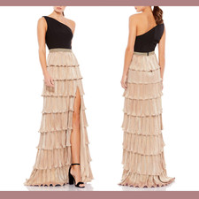 USED IEENA Mac Duggal [ 10 ] 26541 One Shoulder Ruffle Tiered Gown Metalli J1132