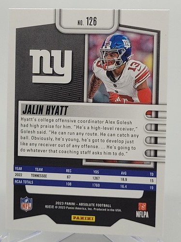 2023 PANINI ABSOLUTE JALIN HYATT BLACK PARALLEL ROOKIE FOOTBALL CARD GIANTS NFL - 第 2/2 張圖片