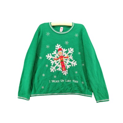 Holiday Time Women's Ugly Christmas Sweater XL Green Elf I Woke Up