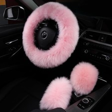 3Pcs Set Fashion Fluffy Fuzzy Wool Fur Soft Car Steering Wheel Long Wool Pink