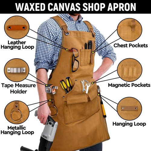Woodworking Apron for Men Shop Apron 20 oz Canvas Work Apron with 9 Tool Pock... - Picture 2 of 7