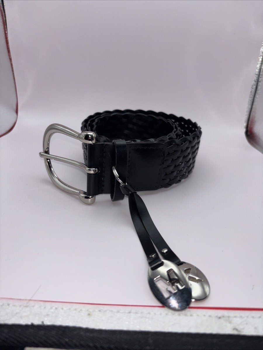 MICHAEL KORS Blk Braided Bonded Leather Belt Large Shiny Silver Buckle 2\