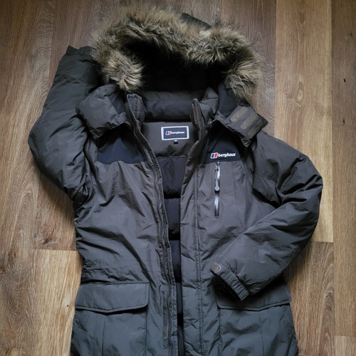 Dark Khaki Berghaus Puffer Jacket Fur Hooded Mid-length Age 15 Teenager Unisex - Picture 8 of 17