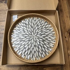 BemiaoCrafts Rattan Tray with Mother of Pearl Inlay Wooden Base