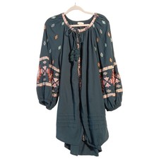 Sundance Kaftan Dress Womens Medium Green Embroidered Boho Balloon Sleeve Tunic