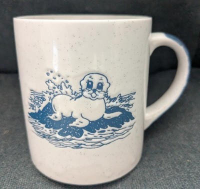 Vintage MCM Seal Ocean Coffee Cup Mug Speckled White Blue Handle 3.5''