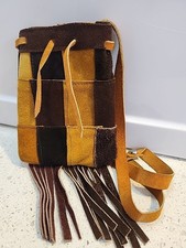 Leather Drawstring Pouch With Strap Patches Fringe Handmade Vintage