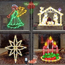16" Christmas Decorations Window Silhouette Lights 4 Pack Angel Bethlehem -LN