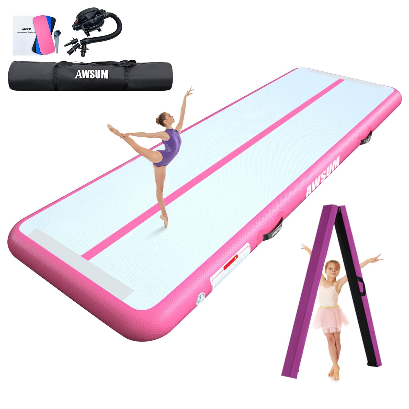 6.6ft Gymnastics Mat with Balance Beam, 4" Thick Inflatable Tumbling Mat Trac...