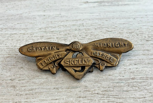 Vintage Brass Skelly Oil Wings 2" Lapel Pin "Captain Midnight Flight Patrol"