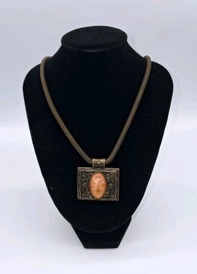 A Chunky Amber Colored Stone And Pewter Boho Brutalist Necklace Snake Chain 