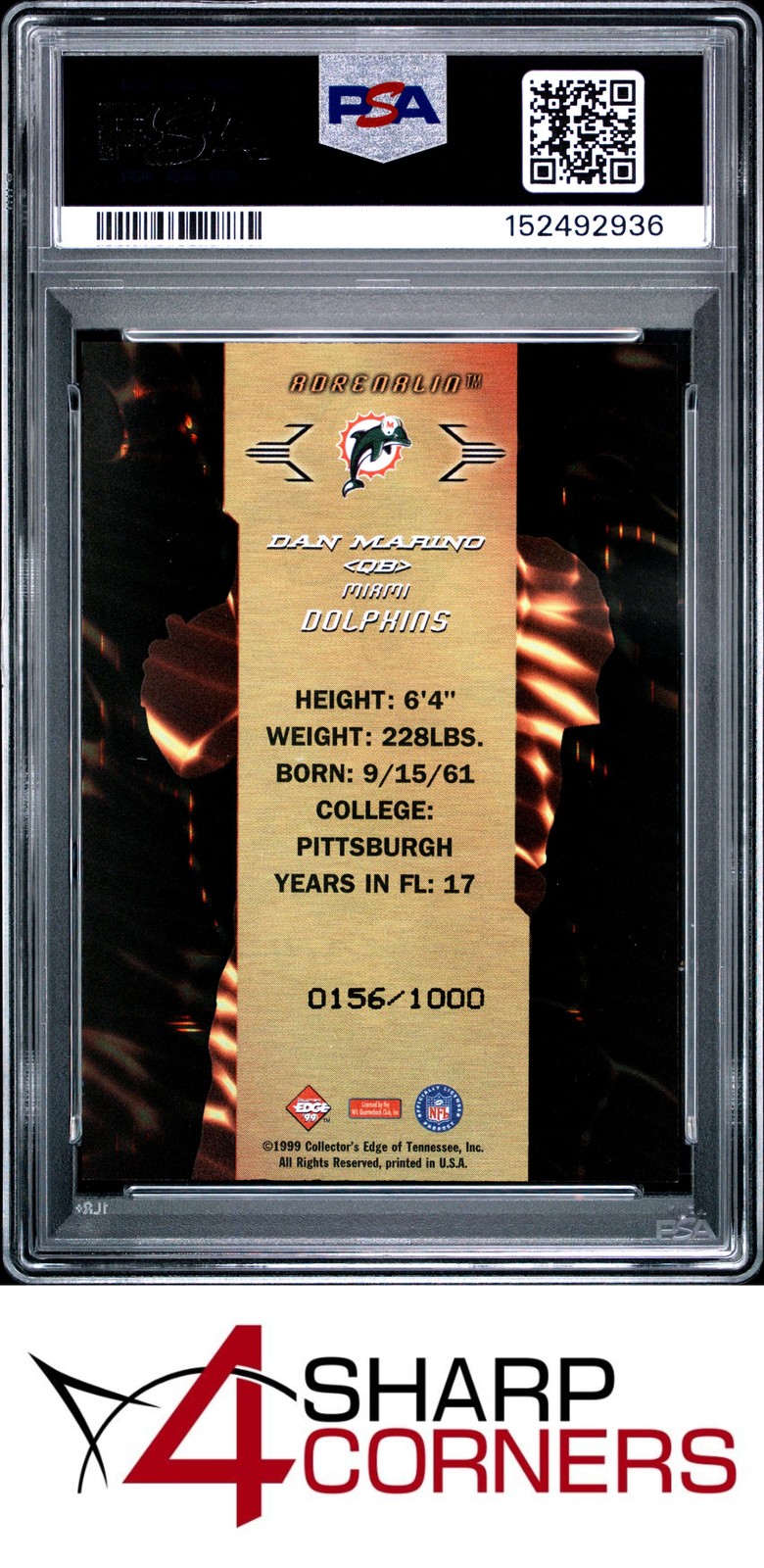 1999 COLLECTOR'S EDGE 1ST PLACE ADRENALINE #A12 DAN MARINO HOF /1000 POP 4 PSA 9 view 2