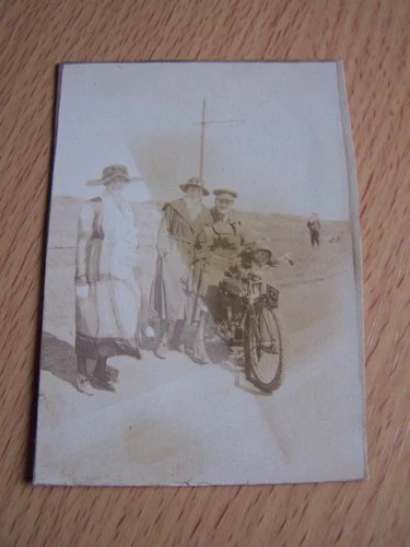 WW1 Military Motorcycle Vintage Photo Soldier in Uniform with Two Women