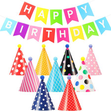 12 Pcs Birthday Party Hats with Pom Poms Rainbow Cone Hats with 9Ft Birthday Ban