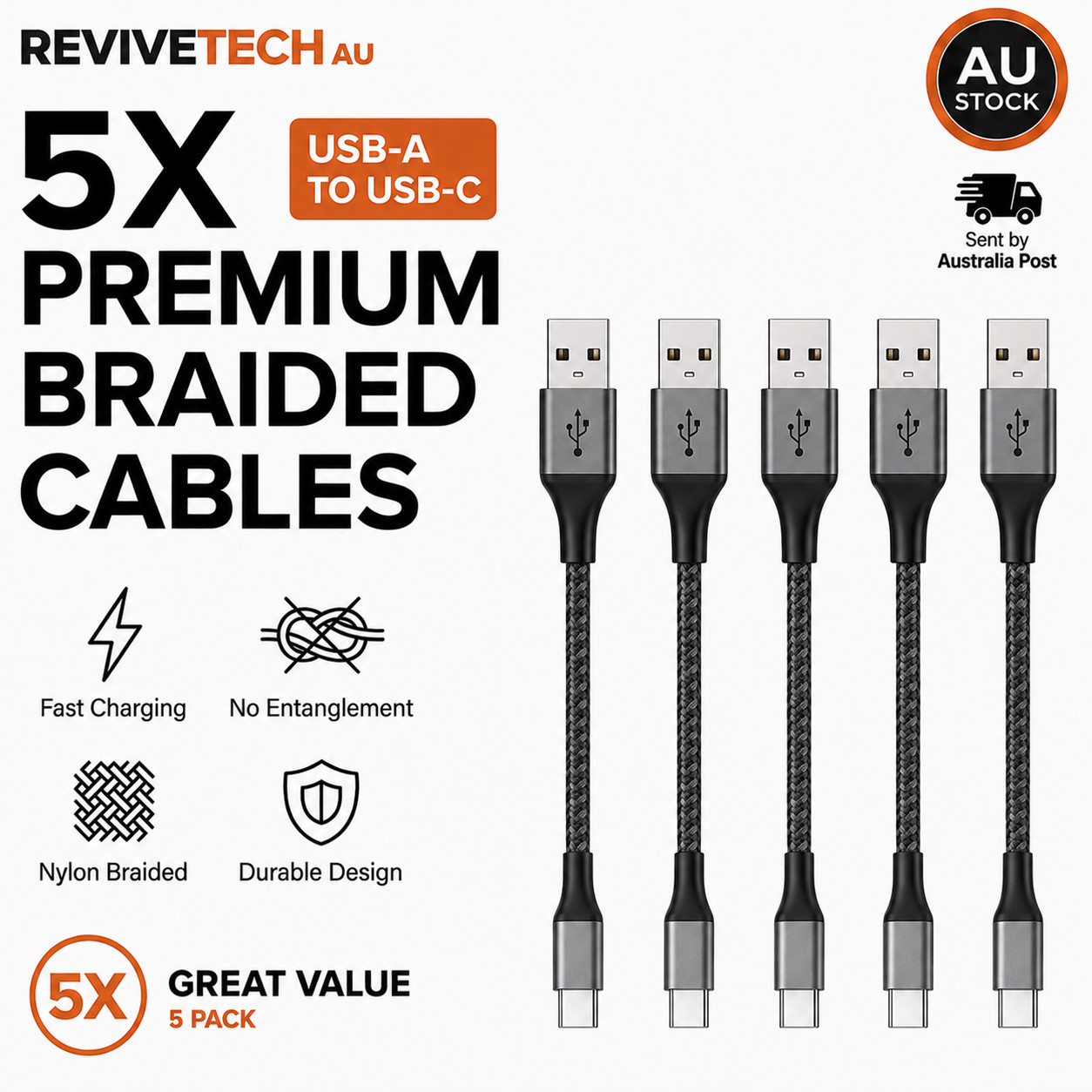 5 x USB-A to USB-C Braided Nylon Cable 2m Space Grey Charger iPhone Samsung AU