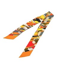 HERMES Twilly Scarf Slim Pattern Geometric Colorful Orange Yellow  i0112oq01386