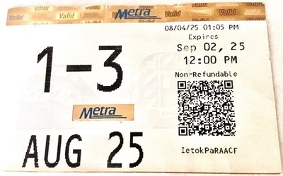 Seltenes Metra Electric Rail Straßenticket Aug 2025 ORIGINAL ZUG-Monatskarte