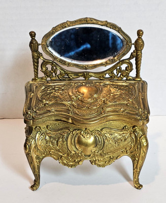 Antique French Style Gilded Gold Swivel Glass Vanity Jewelry Casket Box Cherubs