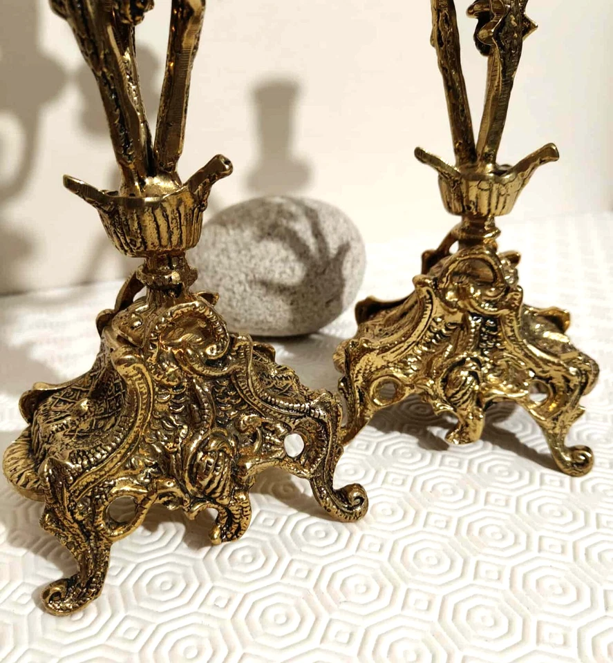 paire de chandeliers ancien en bronze doré 5 branches vintage - Photo 4/4