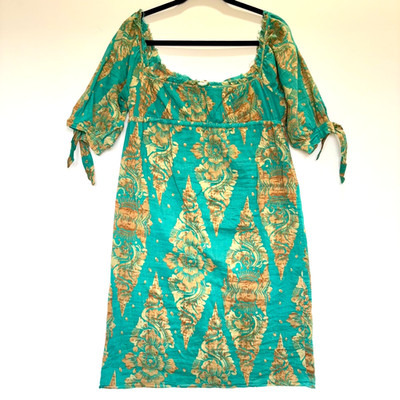 Diane von Furstenberg DVF Cotton Boho Resort Dress Green Gold Print Womens 4