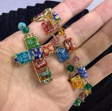 Sweet Romance By Shelly Cooper Millefiori Glass Beaded Necklace & Cross Pendant
