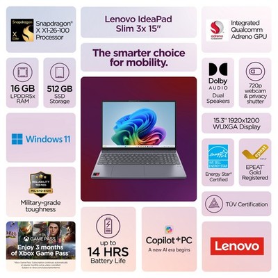 Lenovo IdeaPad Slim 3x Laptop, 15.3 in WUXGA IPS Display