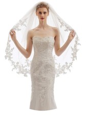 Women's 2 Tier Fingertip Length Short Lace Wedding Bridal Veil with Comb