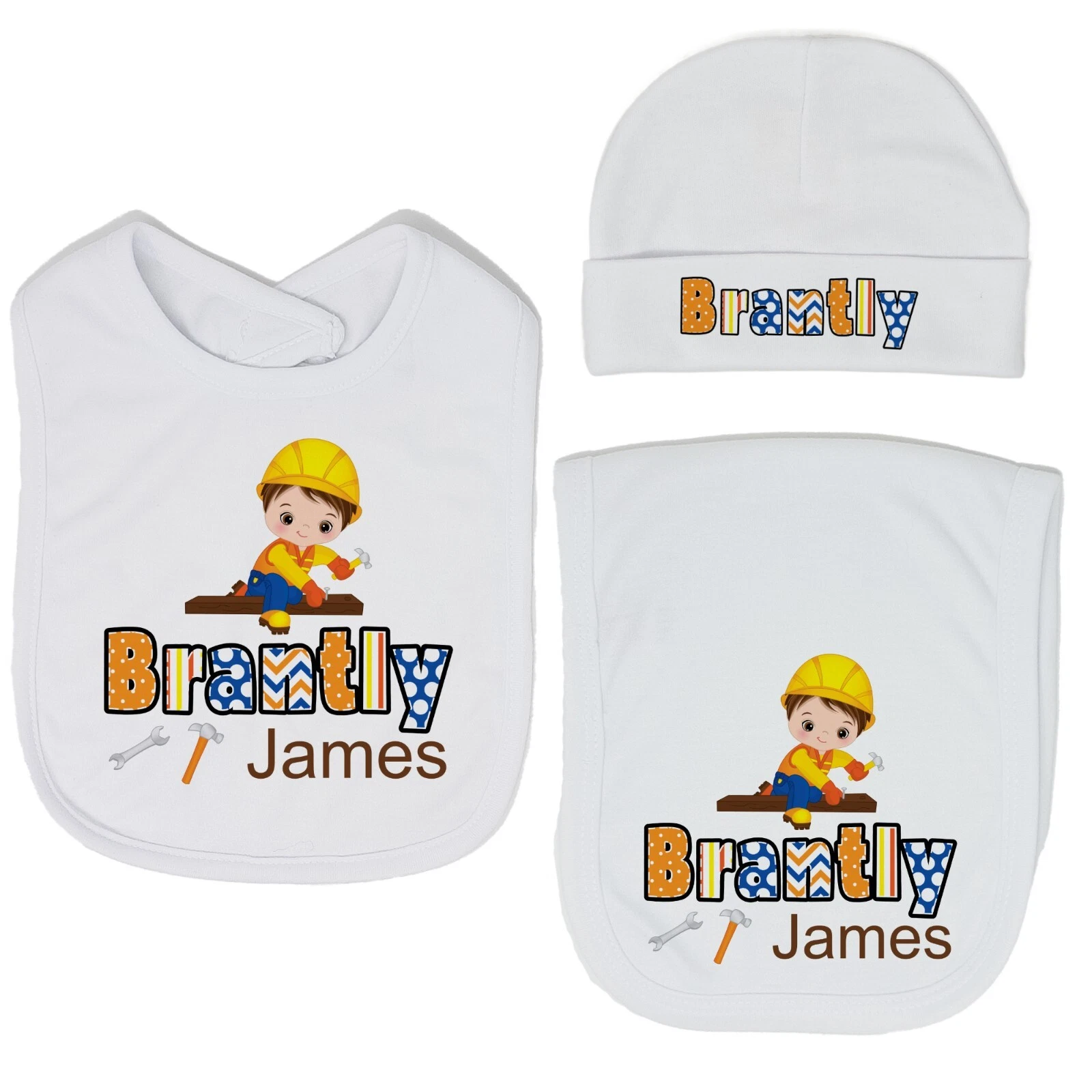Baby Boy Personalized Custom Tool Box Carpenter 2 Bib and Burp Cloth Set VS2