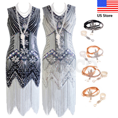 1920s Great Gatsby Party Sequins Dresses 20s Roaring Tassels