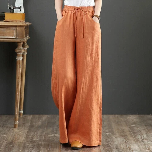 Summer Womens Cotton Linen Baggy Long Trousers Elastic High Waist Wide Leg Pants - Picture 10 of 31
