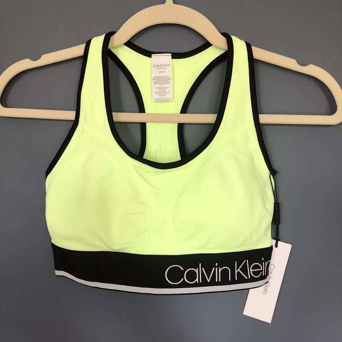 Calvin Klein Performance Racerback Sports Bra Athletic Top Black Neon  Yellow XS