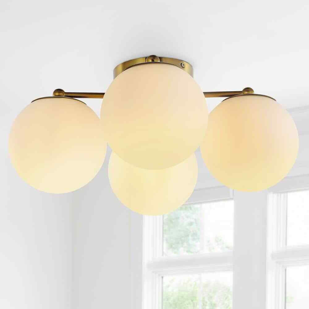 Orly 18-Inch 4-Light Brass Gold Semi Flush Mount Frosted Glass Farmhouse LED Ceiling Light