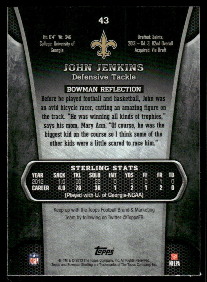 2013 Bowman Sterling John Jenkins 43 RC New Orleans Saints - Image 2 of 2