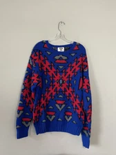 Vintage Tyrolia By Head Mens XL VTG Handknit Wool Blend Sweater Red Blue Print