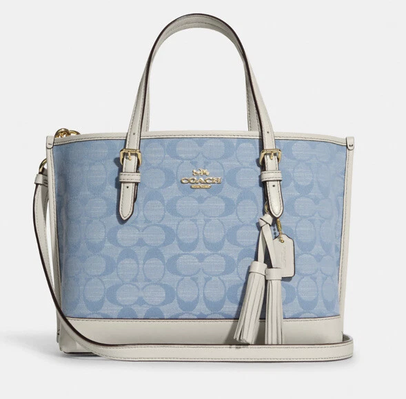 NWT Coach CA142 Mollie Tote 25 In Signature Chambray Leather Light Denim Chalk