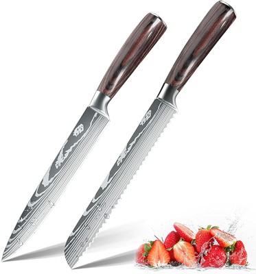 2pcs Kitchen Knife Set High Carbon Steel Serrated Bread Knife Chef Slicing Knife