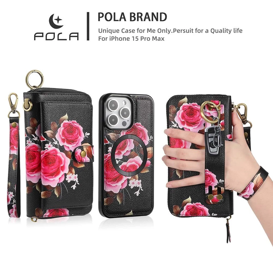 Floral Handbag Wallet Removable Magnetic Cover For iPhone 15 Pro Max XR X/XS 7/8 - Image 2 of 4