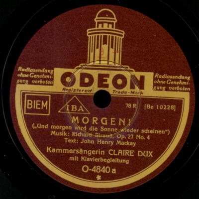 CLAIRE DUX Richard Strauß: Morgen! / Ständchen  78rpm  Schellackplatte S6231