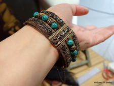Bracelet Chinese Filigree Turquoise Siver Gilded Vintage Characters Hallmark