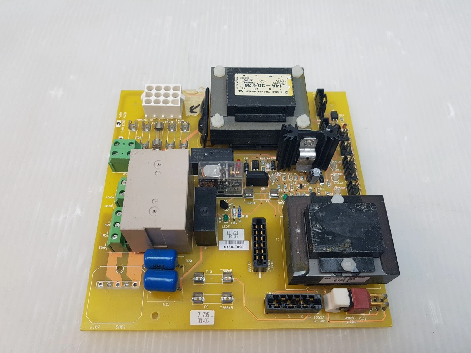 0633-641-01 Rev C board rotated, showing the potted T1 transformer and SOCKET AC TAP connector