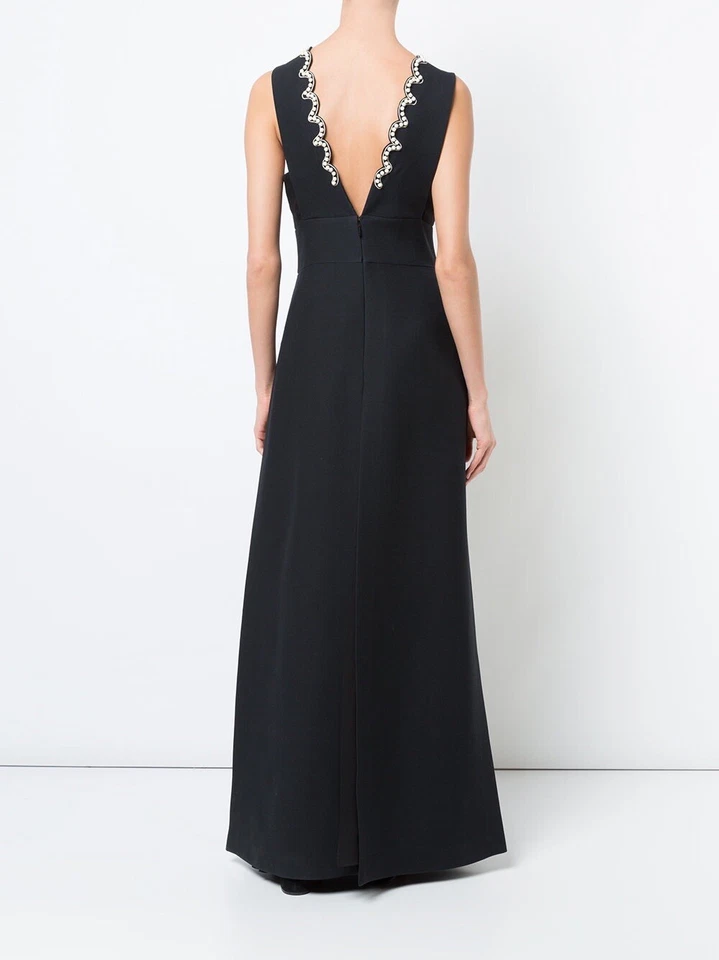 FENDI Double Bow Beaded Pearl Black Silk Wool Sleeveless V Back Gown Dress 6 - Image 3 of 4