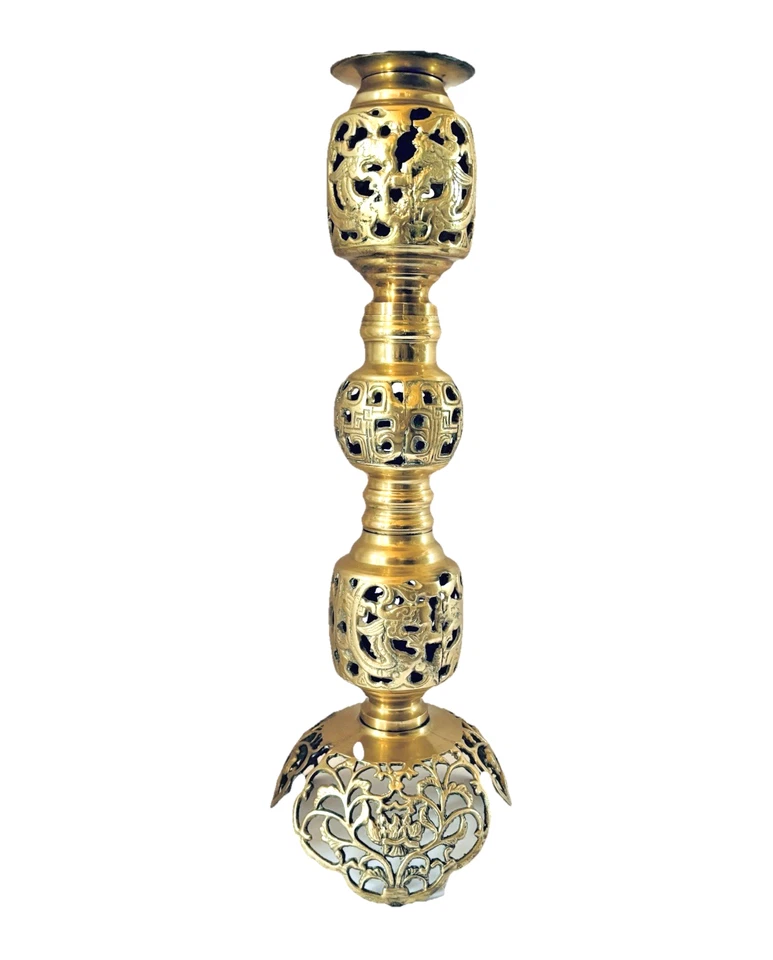 Vintage Moroccan Solid Brass Filigree 24" Adjustable Altar Pillar Candle Holder - Image 3 of 4