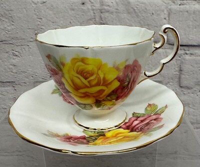 Adderley Yellow Pink Roses Flower Bone China Teacup  Saucer  England