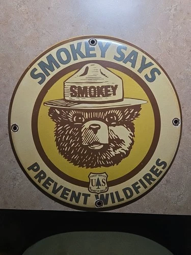 Vintage Smokey The Bear Wildfires Porcelain Sign 11 3/4 Inch