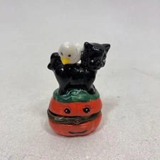 Halloween Black Cat Bird Pumpkin Porcelain Hinged Trinket Box Figurine