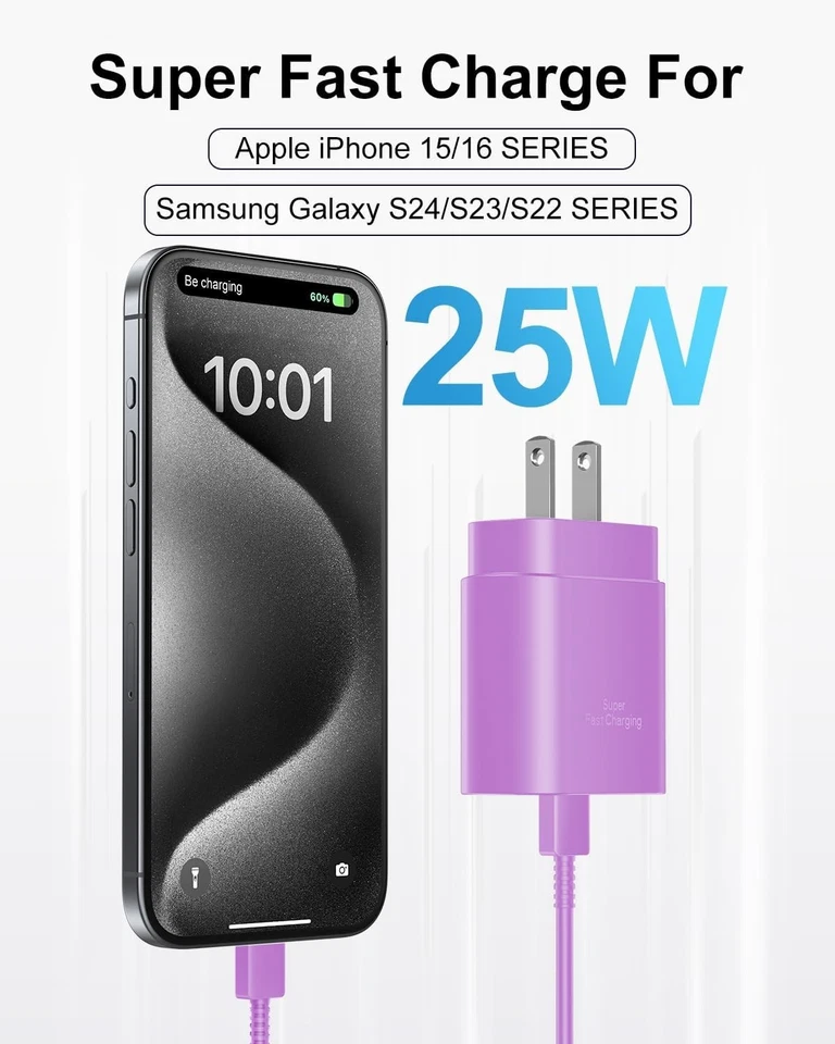 25W USB-C Charger Set: 2-Pack Fast Charge with Long Cables for iPhone & Galaxy - Изображение 4 из 4