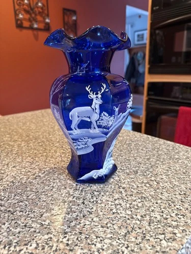 Fenton SNOWY WINTER 2 DEER SCENE on COBALT BLUE HEXAGON VASE