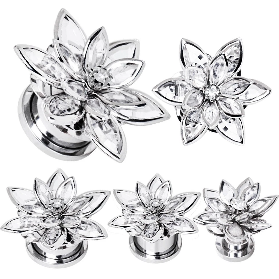 PAR de tapones de ajuste de tornillo de flor de cristal de acero inoxidable 316L Foto 2 de 4