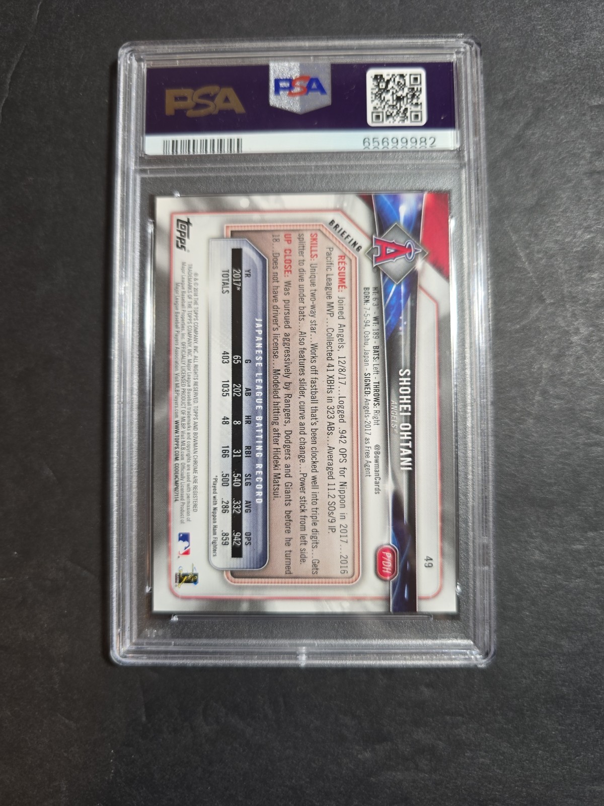 2018 Bowman - Shohei Ohtani #49 (RC) PSA 9 Free Shipping  view 2